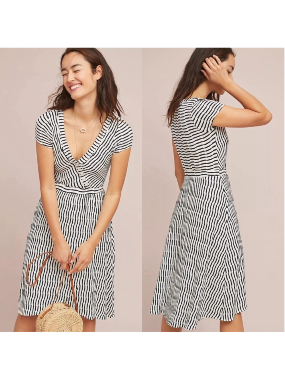 MAEVE ANTHROPOLOGIE PALADINO BLUE WHITE STRIPED KNIT FAUX WRAP MIDI DRESS SMALL